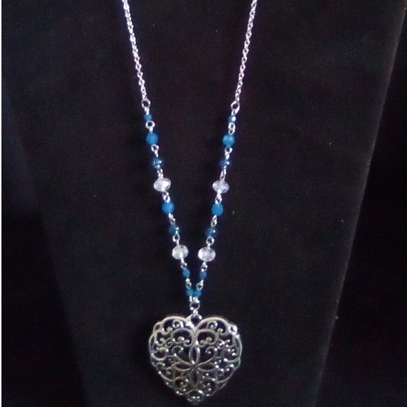 Unbranded Jewelry - Silver Tone Filigree Heart Pendant Necklace with Blue and Clear Beads Boho 20in.